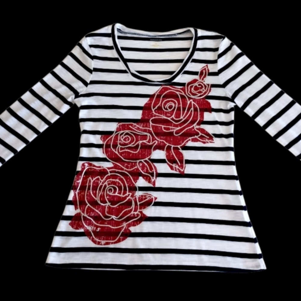 Madison Black and White Striped Top with Red Rose Design, Size Sp - Picture 2 of 12